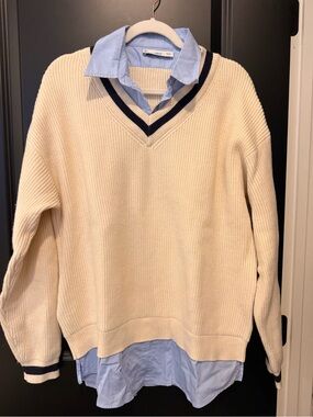 Cream V-Neck Sweater with Navy Trim by Mango